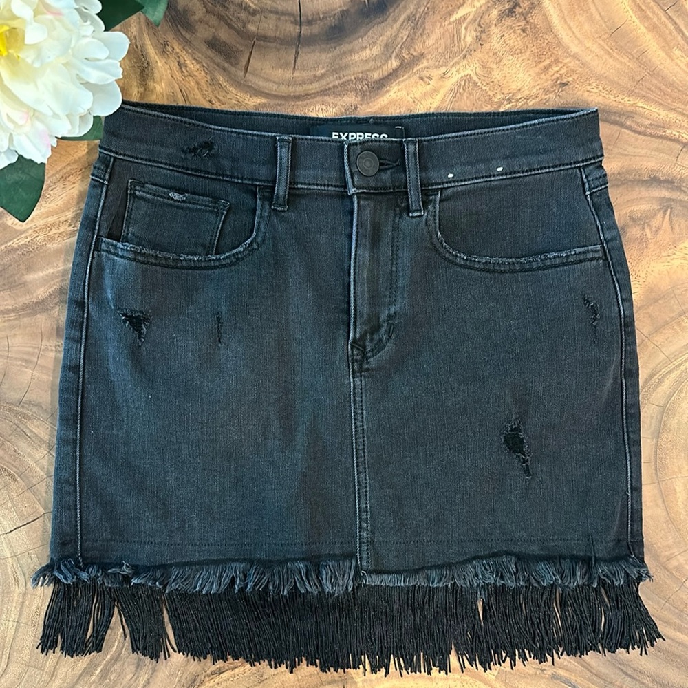 Express Straight Mini mid rise jean skirt with fringe